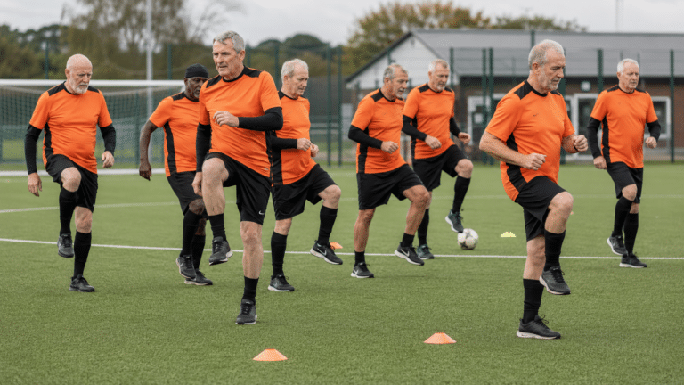 Walking football warm-up in Lancashire
